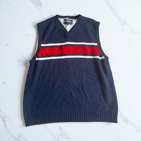 TOMMY HILFIGER Vintage Men's Navy Striped V Neck Vest Size XL - Picture 1 of 6